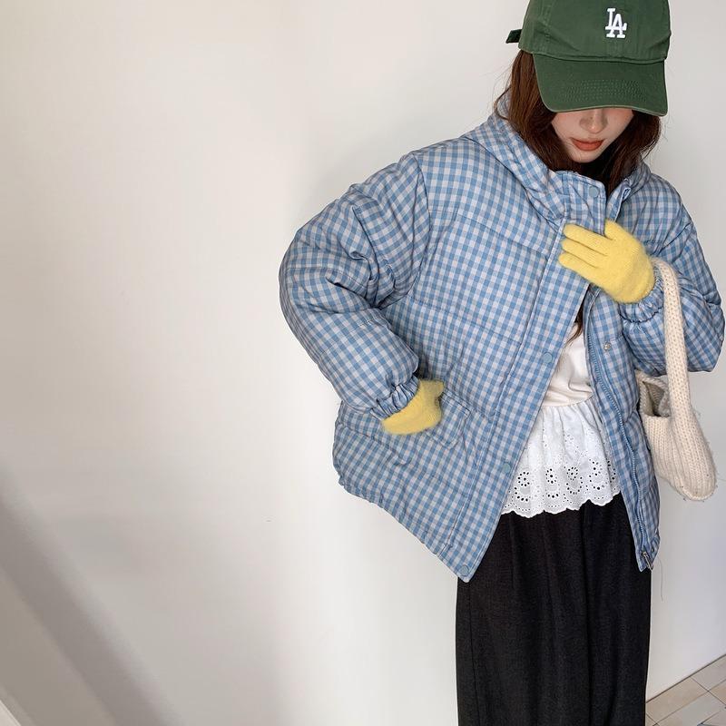 Wind Stand-up Collar Short Cotton Clothes for Women's Autumn and Winter New Casual Blue Plaid Thickened Outer Wear Trend