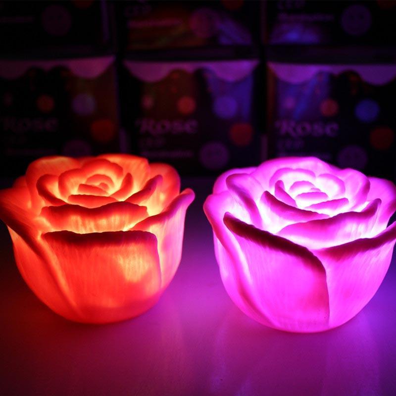 Romantic LED Floating Rose Flower Candle Night Light 7 Colors Changing Colorful Wedding Decoration Bedroom Party Indoor Decor