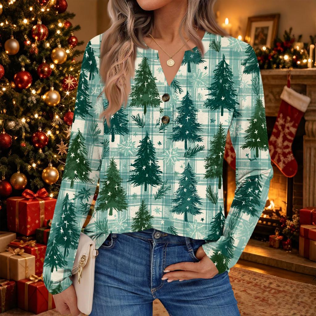 Women's Christmas Print Long Sleeve Shirt Casual Elegant Blouse for Holiday Party
