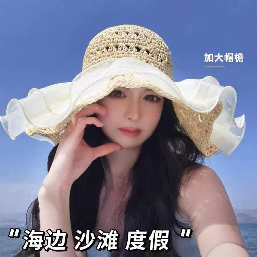 New summer versatile outdoor visor big brim bucket hat portable sunscreen sun hat bow women's hat