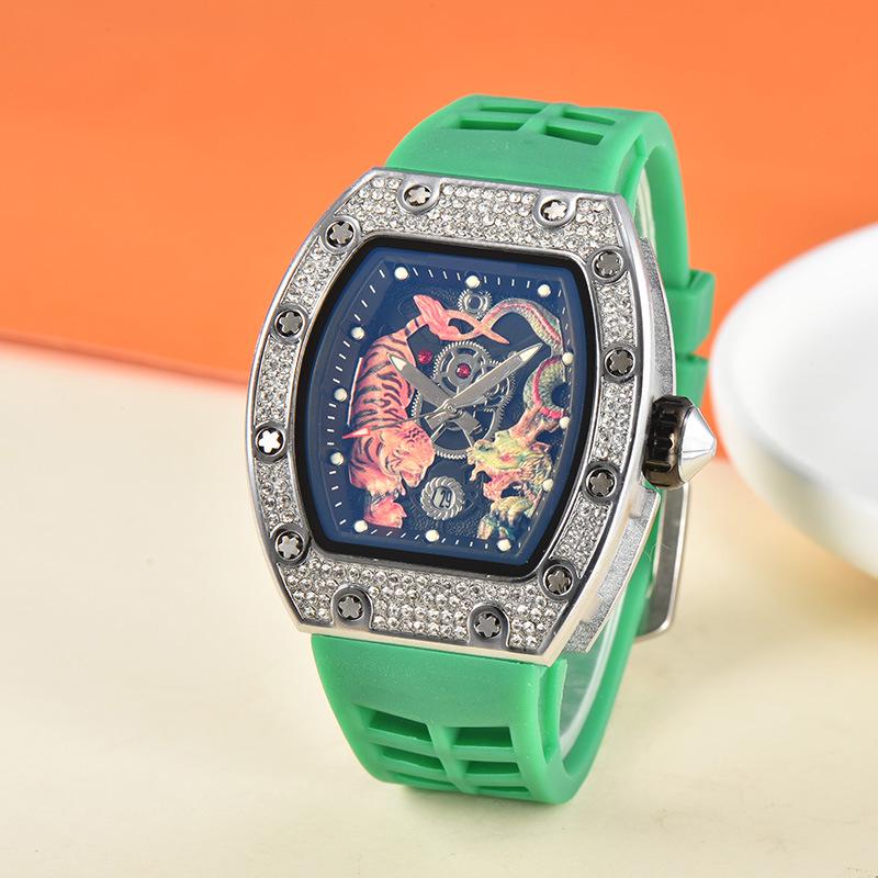 Men's Trendy Barrel-Shaped Full Diamond Quartz Watch with Calendar