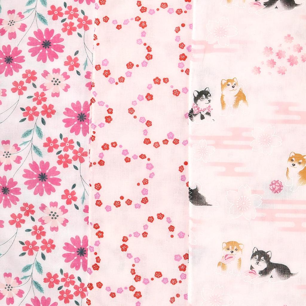 Cluster Tenugui Washed Gauze with Finish Mameshiba and Ranman Flower Pattern Set of Japanese-made (Tenugui) Double-Layered Anti-Fray [Pink / 3]