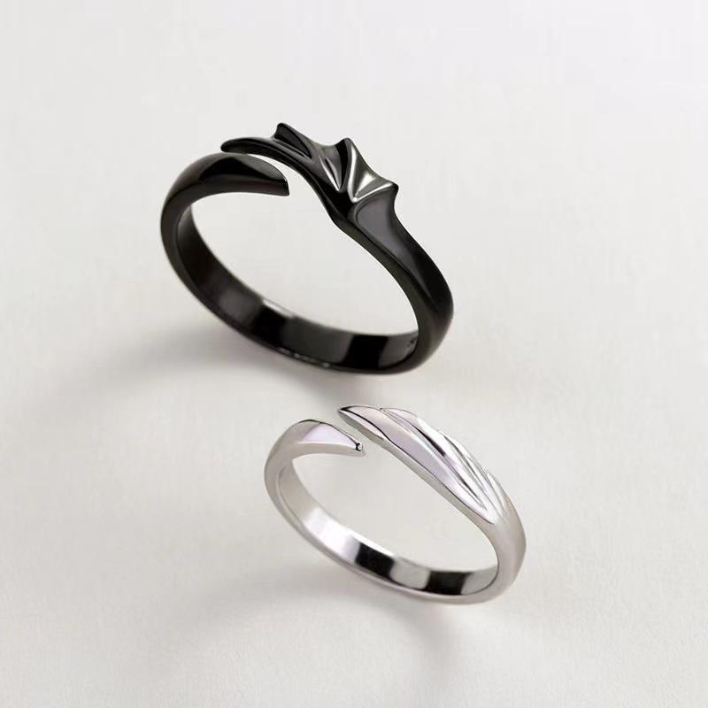 ZAKOL Hip Hop Angel and Devil Couple Rings Men Women Korean Simple Black White Student Gift Zircon for Engagement Accessary