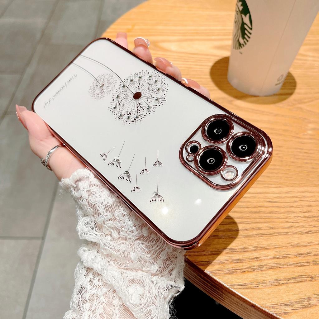 Suitable for IPhone16 Cases with Gradient Glitter, 15 Electroplated Dandelion Dot Diamond, and Transparent Tpu Soft for Apple 14pro