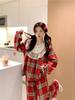 Korean Couple's Red Plaid Lace Long Sleeve Pajamas