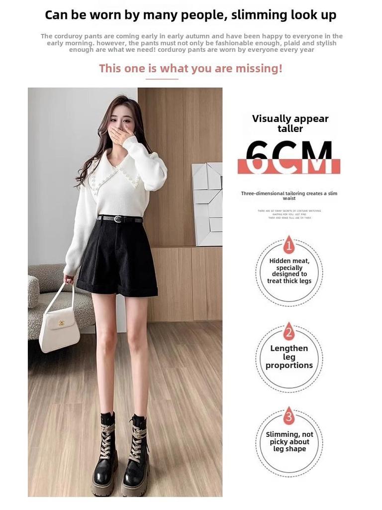 Dámské manšestrové kraťasy Maillard s vysokým pasem: Podzim/Zima 2023 áčkový střih, střih se širokými nohavicemi