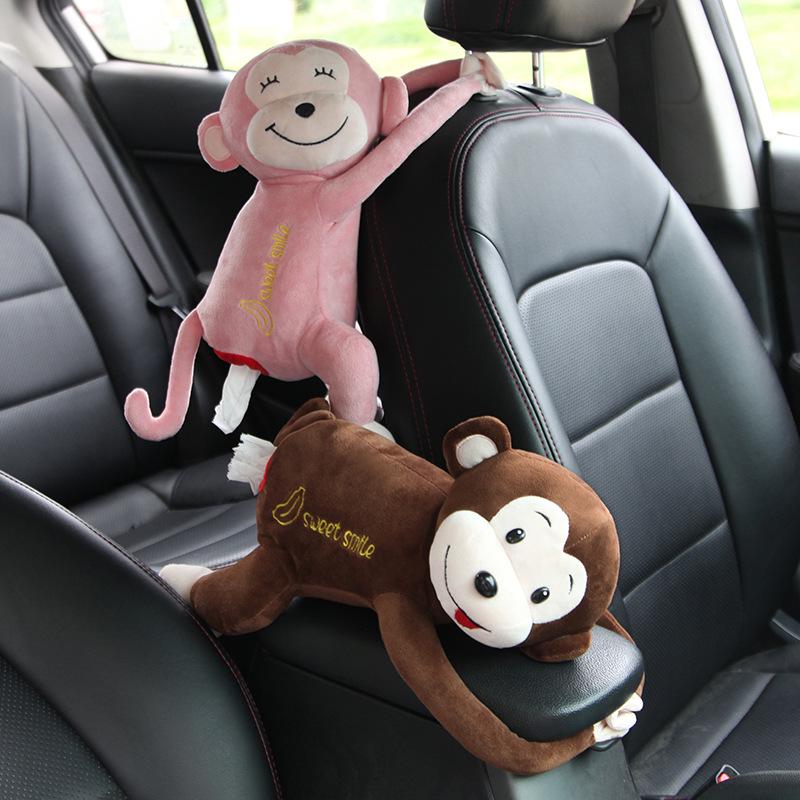 Cartoon Plush Monkey Tissue Box - Cute Car Hanging Pull-Out Cover
