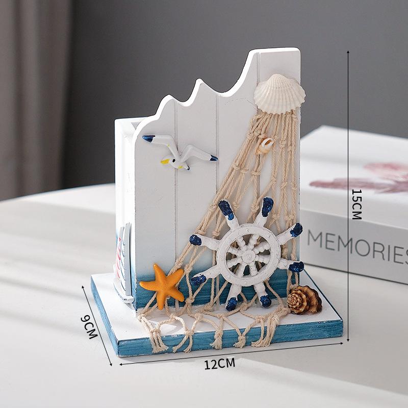 Mediterranean-Style Creative Pen Holder Storage Box, Ocean-Style Home Wooden Office Desk Decoration, Gift