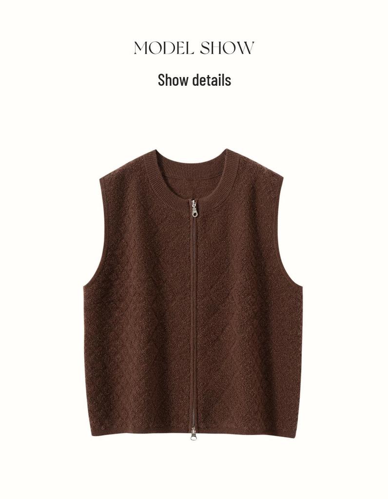 Women's Diamond Knit Cashmere Zipper Cardigan Vest - Loose, Thickened for 2025 Autumn/Winter