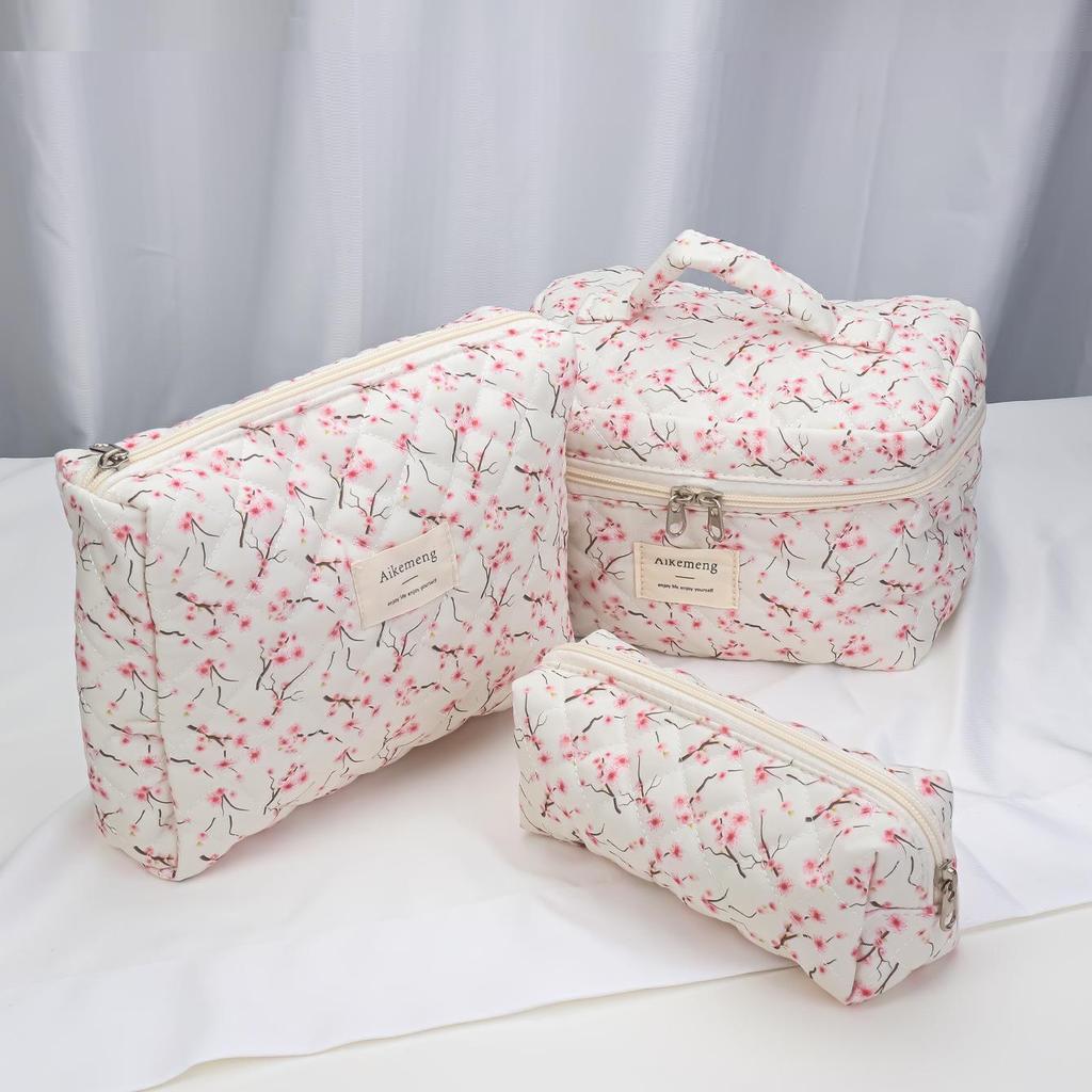 Floral Quilted Cotton Travel Makeup Bag Set – Portable, Large Capacity, 3-Piece