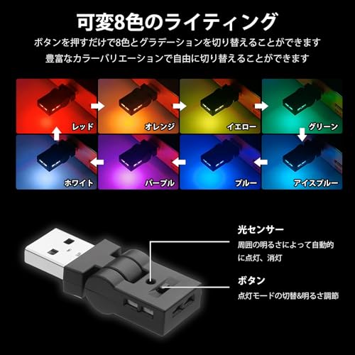 Solxion USB Light, LED Light for Car Interior, 180° Rotatable, 8 Colors, High Brightness, Automatic Lighting, Switching Light Direction, Easy Ins