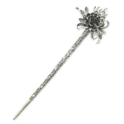 Miaomyao Einzelstück für Kimono und Metallhaarschmuck mit antiker Blume Lotus Schwarz und Silber Haarnadel, Haarnadel, Tomesode, Motiv,