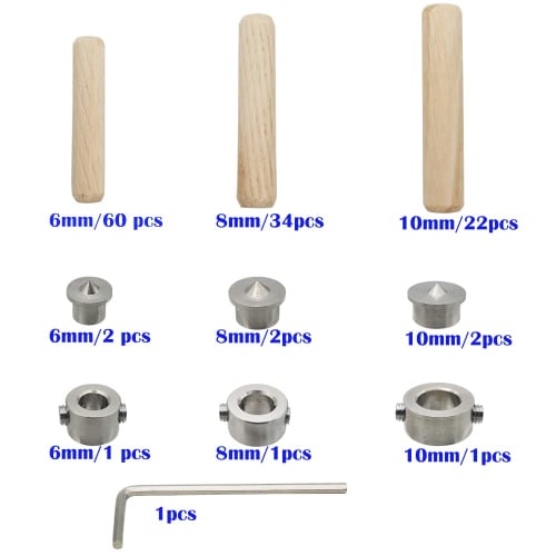 CESFONJER Dowel Kit, Includes 60 6mm, 34 8mm, and 22 10mm Wood Dowels, 6 Dowel Markers, 3 Drill Bit Depth Stop Collars, and a Hex Wrench for Furniture