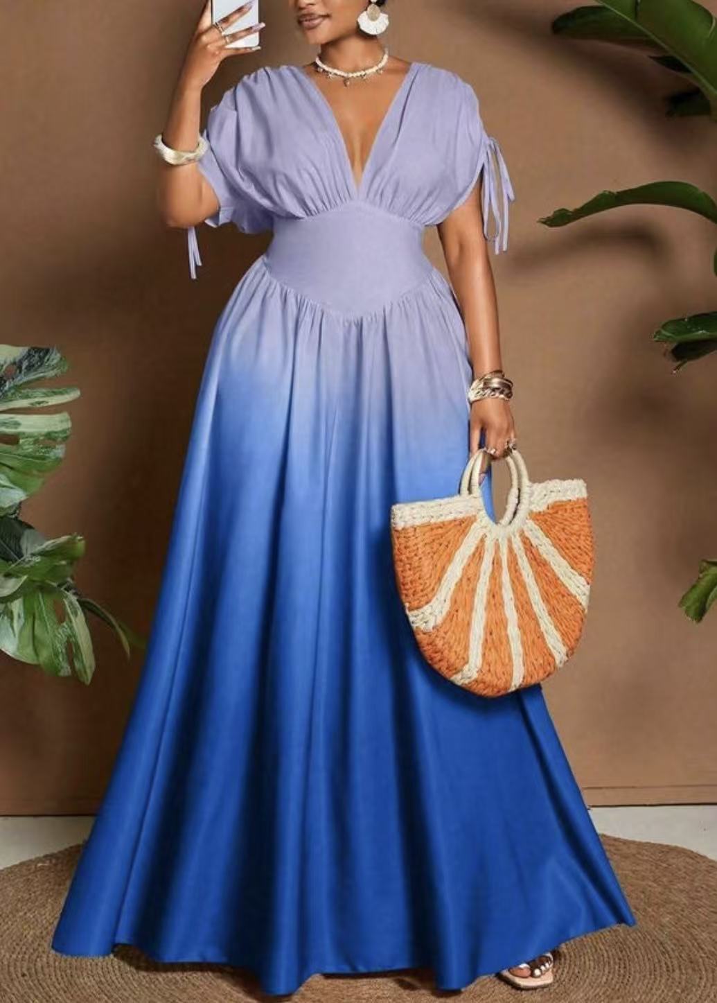 European and American summer new product fashion temperament V-neck waist printed long dress S