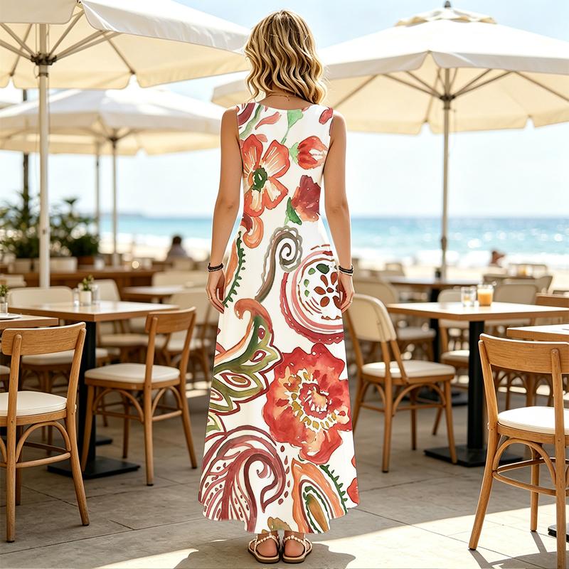 Vacation Style Sleeveless Maxi Dress Lightweight Floral Print Flowy Dress,Versatile for Casual Daily Wear