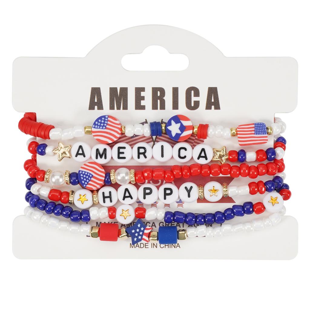 Pack of 6 Fashionable Patriotic Beaded Bracelets Elastic July 4th Jewelry Americans Flag Star Charm Party Accessories
