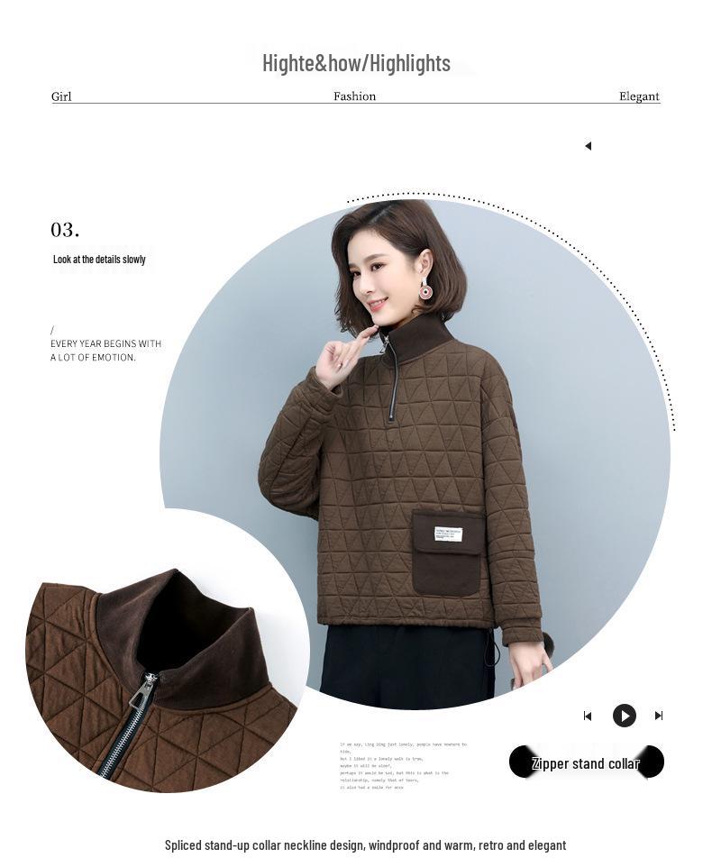 Women's Quilted High Neck Zipper Pullover Sweater - 2024 Autumn/Winter Collection, Petite Fit, No Hood