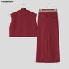 INCERUN Two Pieces Men Outfits Sleeveless Cropped Waistcoat Tops Long Pants Casual Sets
