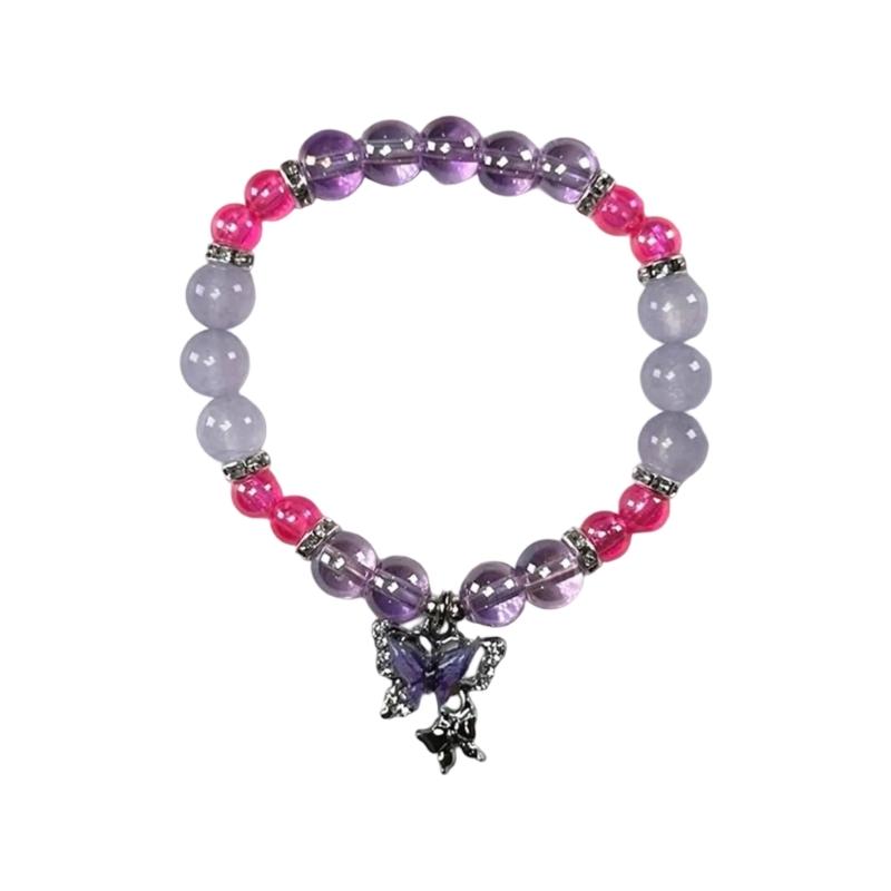 Stylish Crystal Bracelet With Butterfly Pendant Beaded Wristband Handmade Friendship Wristchain for Women Girls