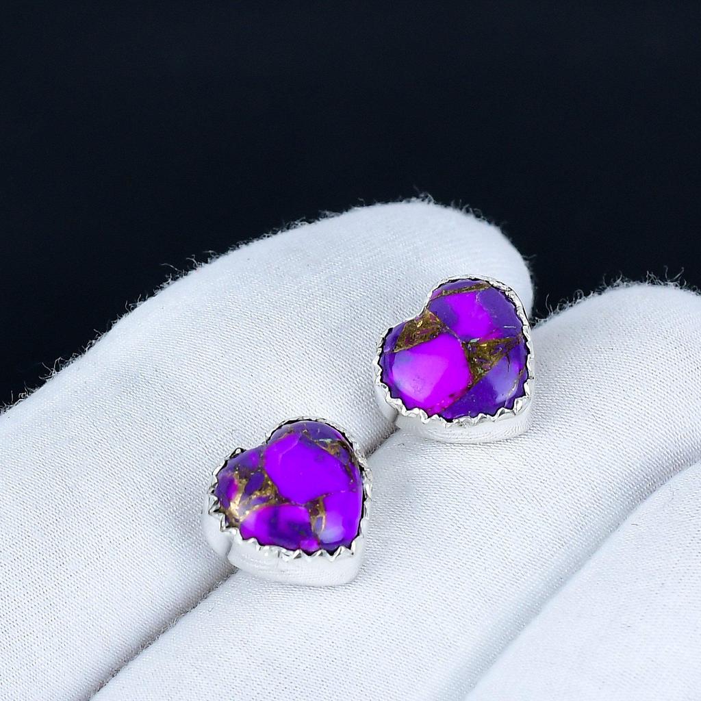 Purple Spiny Turquoise Earrings | 925 Sterling Silver Stud Earrings | Handmade Gemstone Love Studs Heart Earrings | Boho Jewelry Birthday Gift