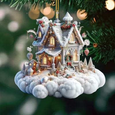 Wisiorek świąteczny Domek Akryl 2D Płaski Wiszący Ornament Mini Kreskówkowy Domek Świąteczny Dekoracja na Choinkę Kominek Samochodowy