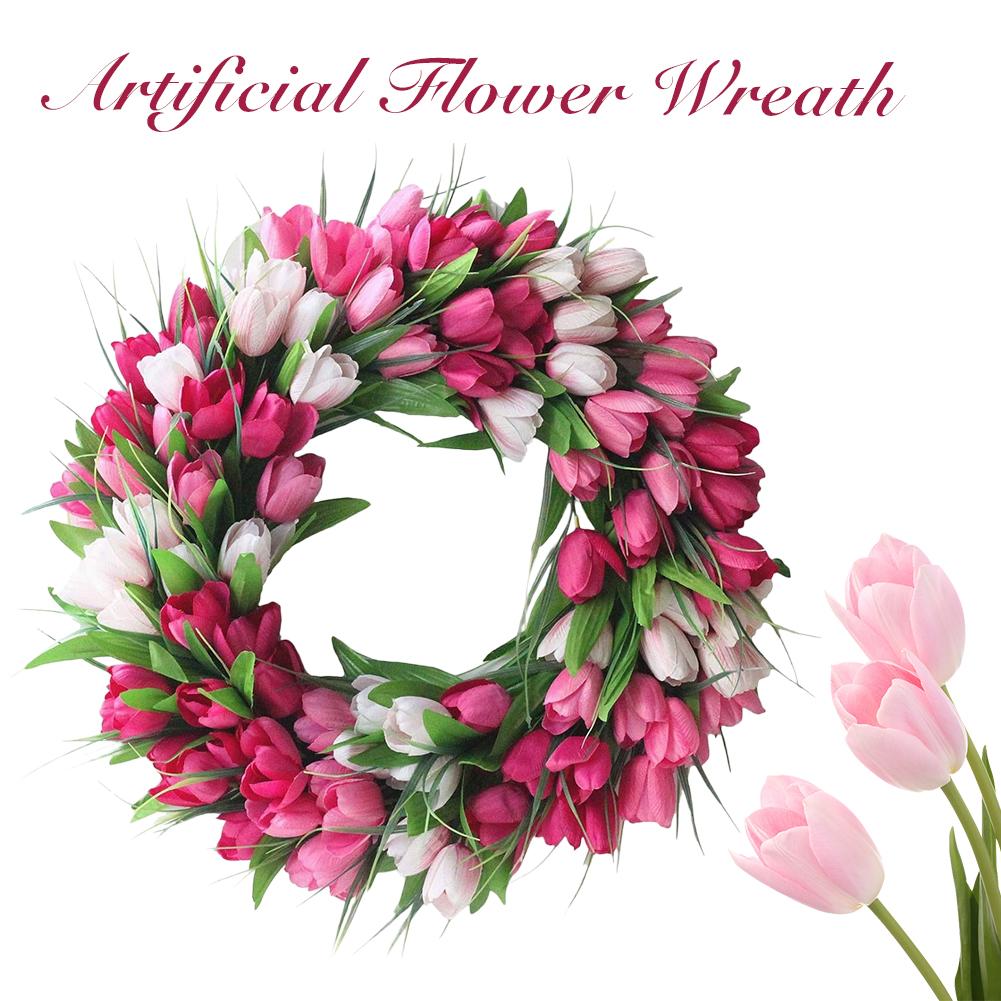 15.7inch Spring Wreath Artificial Flower Wreath with Tulips Mothers Day Valentine's Wreaths for Wall Window Party Wedding Decor