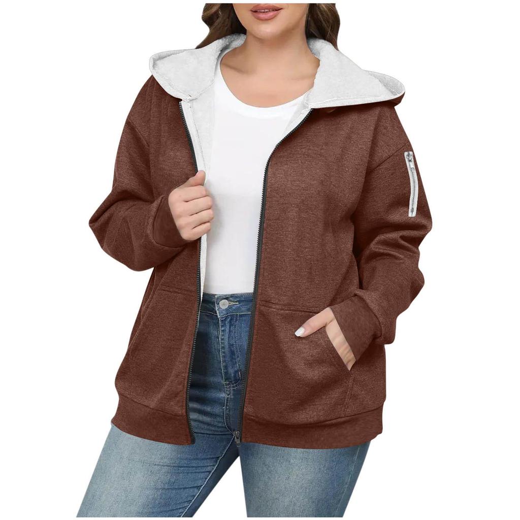 Women's Retro Color Block Fleece-Lined Hooded Cardigan - Slimming, Casual, Loose Fit, Perfect for Autumn/Winter Warmth.