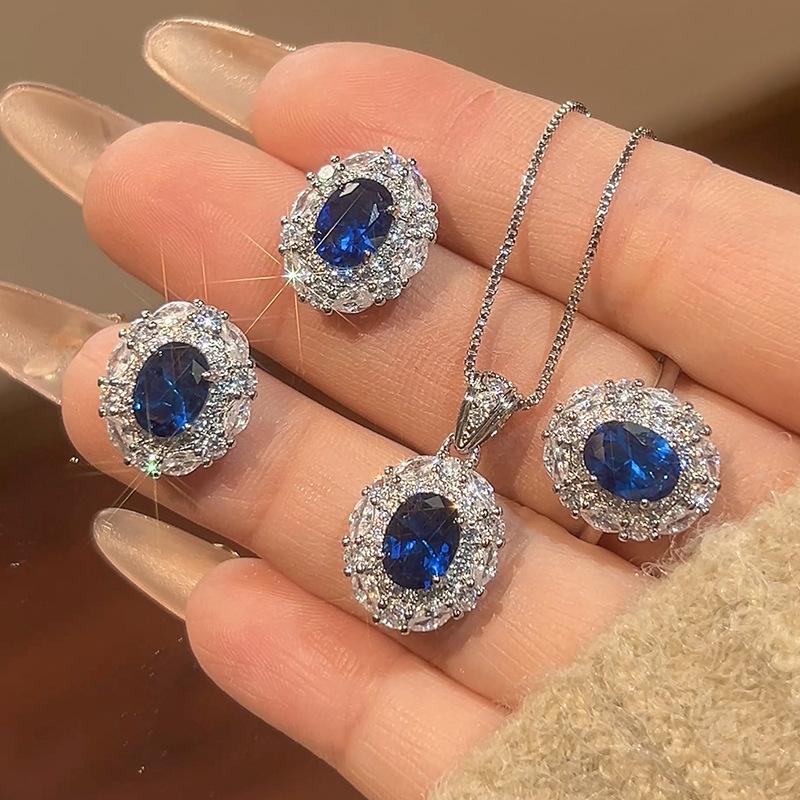 Huamei Jewelry Set Light Luxury Blue Spinel Color Treasure Earrings Necklace Ring Simple Women'S