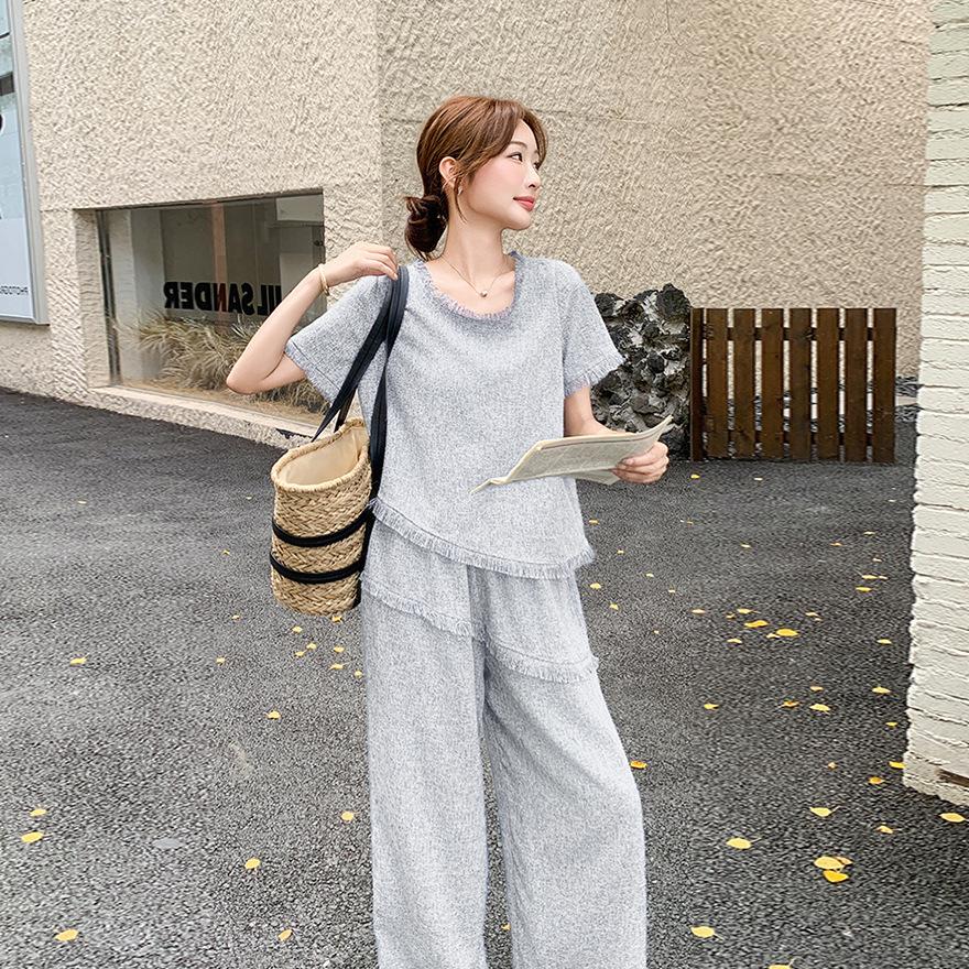 

Beige gray design sense fashion burr suit women s summer new casual short-sleeved wide-leg pants two-piece set L бежевый