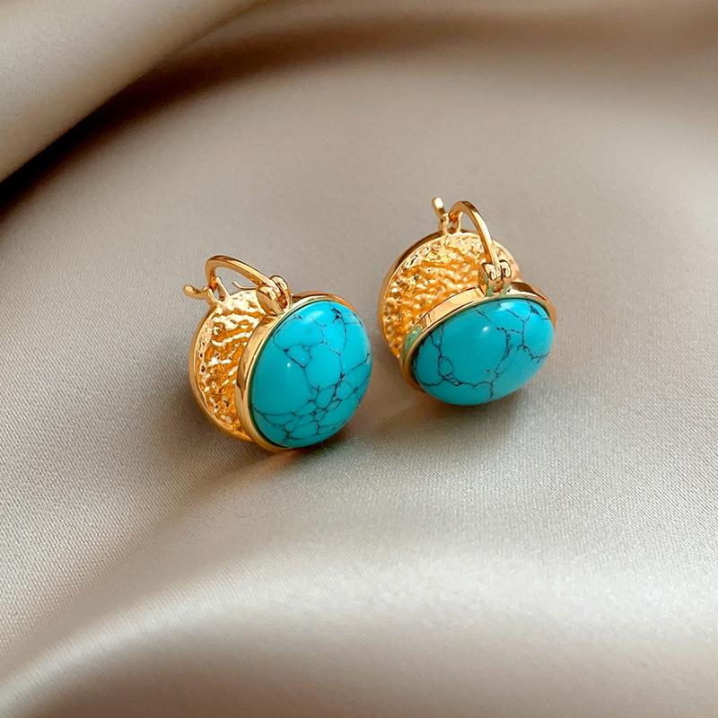 Real Gold Electroplated Silver Needle Zircon Round Artificial Turquoise Stud Earrings Retro Ethnic Style Earrings Simple Design Earrings