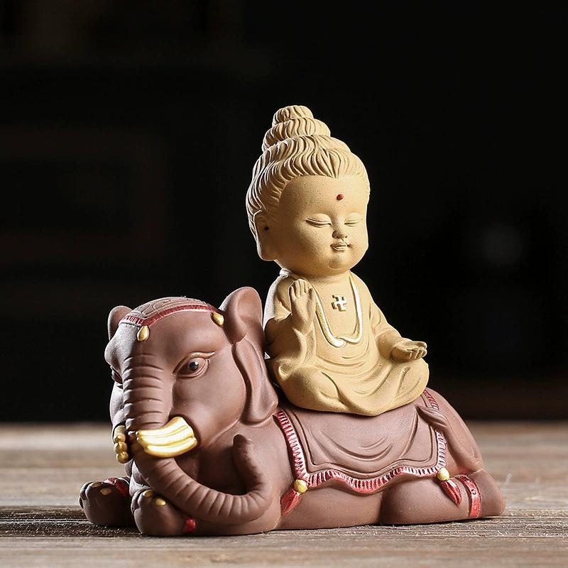 Zisha Clay Three Saints Statue - Zen Buddha Figurine for Tea Room Altar, Wealth Feng Shui Office Decor, Chinese Ceramic Art