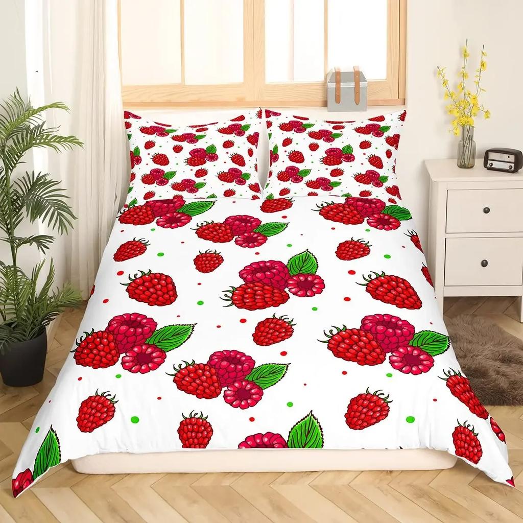 3Pcs Full Size Sweet Strawberry Bedding Set Duvet Cover for Kids Children Teens Comforter Cover Bed Room Decor Pink Quilt Cover