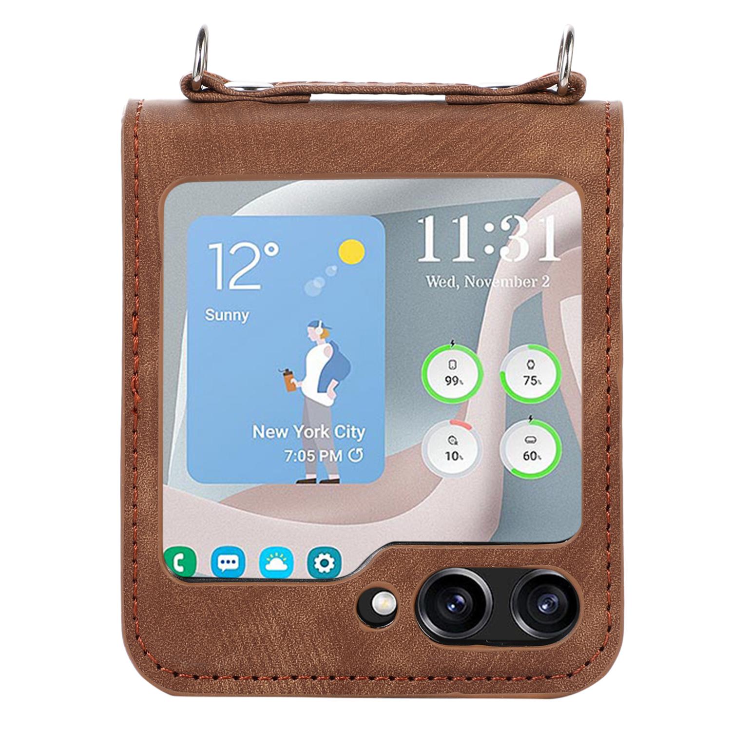 

For Samsung Galaxy Z Flip5 5G Skin Touch Phone Case Shockproof PU Leather PC Phone Cover with Shoulder Strap Blue