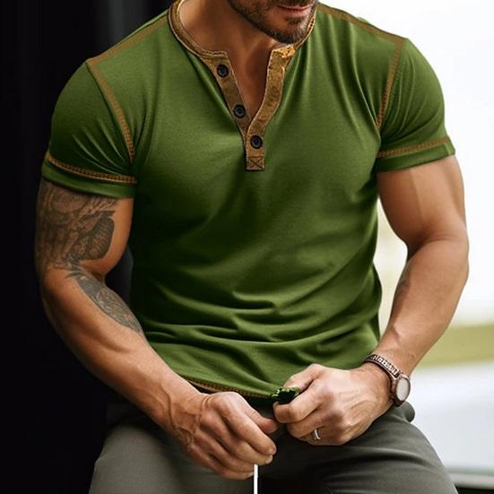 Men T-shirt Color Matching Slim Fit Button V Neck Elastic Soft Casual Pullover Short Sleeves