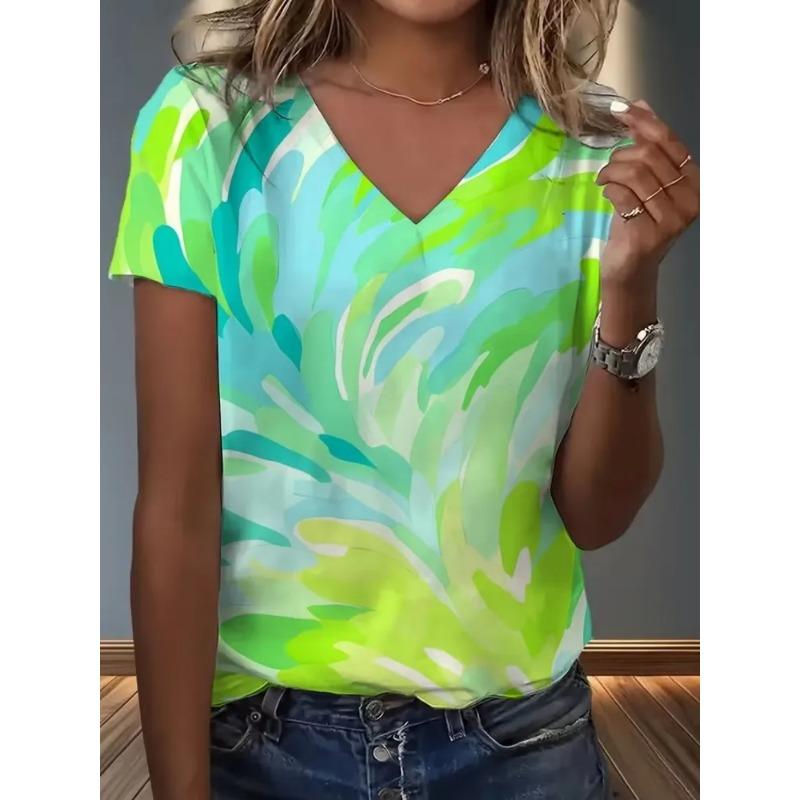 Summer Women's 3D Printed V-Neck T-Shirt Fashion Versatile Breathable Trend Casual