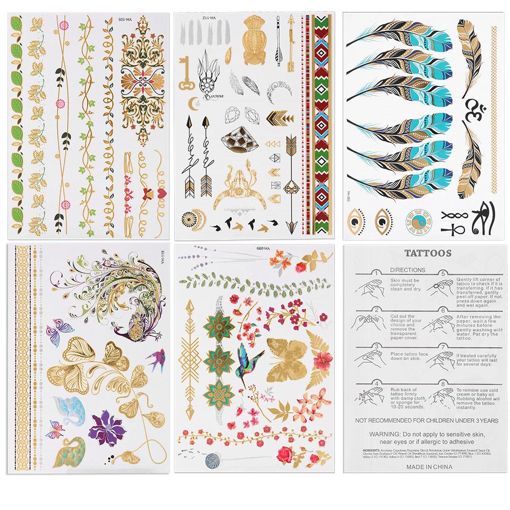5pcs Mixed Metallic Golden Silver Colorful Pattern Temporary Disposable Tattoo Stickers
