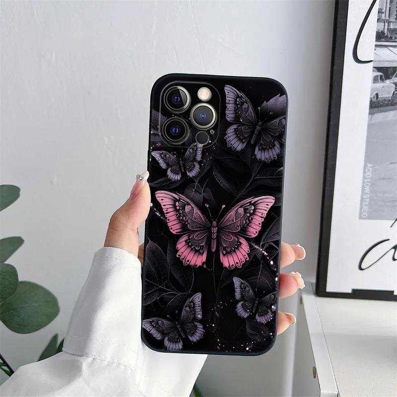 Butterfly Love Black Phone Case for iPhone 11 15 16 Pro Max Case Coque 14 Plus 13 Pro 12 11 XS 16 8 SE 2020 15Pro TPU Soft Cover