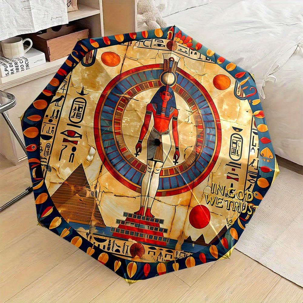 Egyptian Folding Umbrella with Open/Close - Ancient Egyptian Design with Hieroglyphics, Pyramids, Horus God - Golden/Red/Black