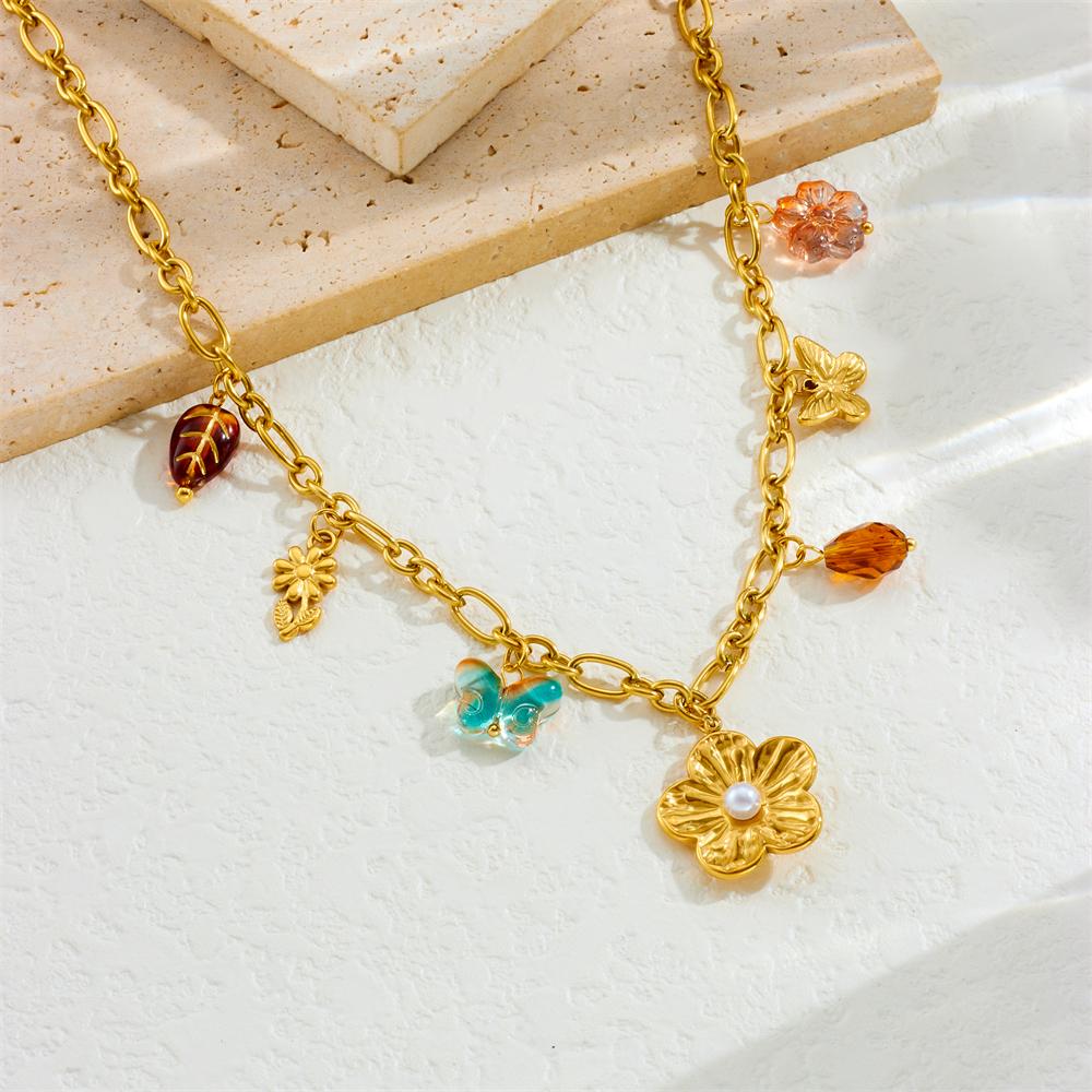DIEYURO 316L Stainless Steel Golden Flower Butterfly Pearl Necklace For Women Trend Non-Fading Clavicle Chain Glamorous Gift