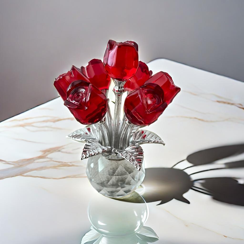 Exquisite Crystal Glass Rose Sculptures - Elegant Red, Blue & Pink Floral Decor with Sparkling Leaves, Multi-Room Home Décor for Bedroom, Kitchen..
