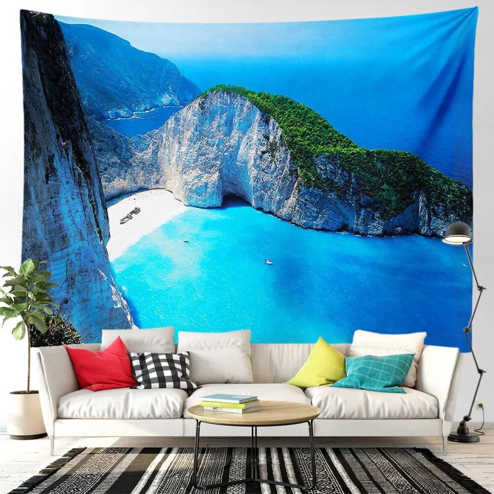 Beach Tapestry Seascape Bicycle Blue Ocean Landscape Tapestry for Bedroom Home Living Room Dormitory Home Decorations Aesthetics