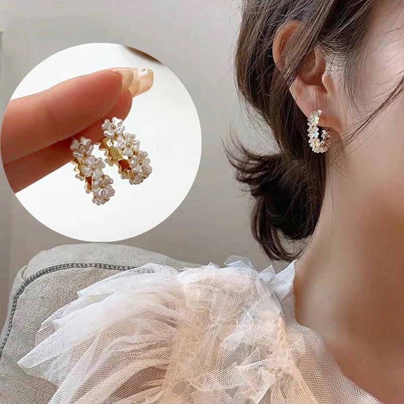 Latest Sweet Romantic Elegant White Flower Hoop Earrings | Stylish Shell Resin Delicate Pearl Flower Zircon Earrings | Trendy Versatile Jewellery