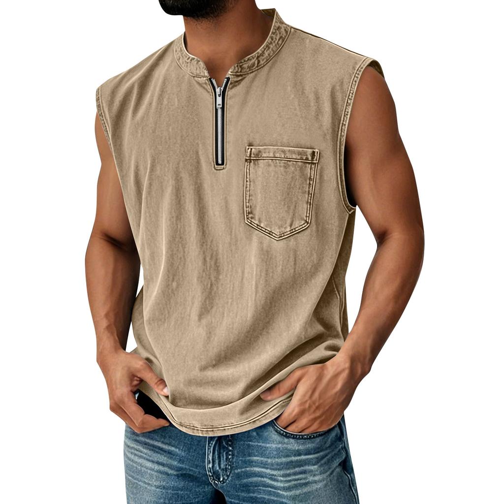 Men Sleeveless Athletic Vest with Zipper Pocket Casual Fit Lightweight Breathable Top for Summer Outdoor Sports