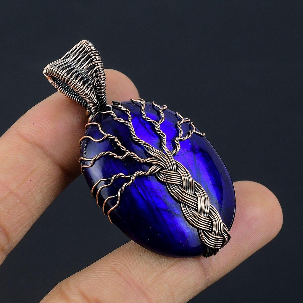 Blue Flash Labradorite Handmade Pendant, Natural Gemstone Jewelry, 999 Copper Wire Wrapped Pendant Jewelry, For Gift