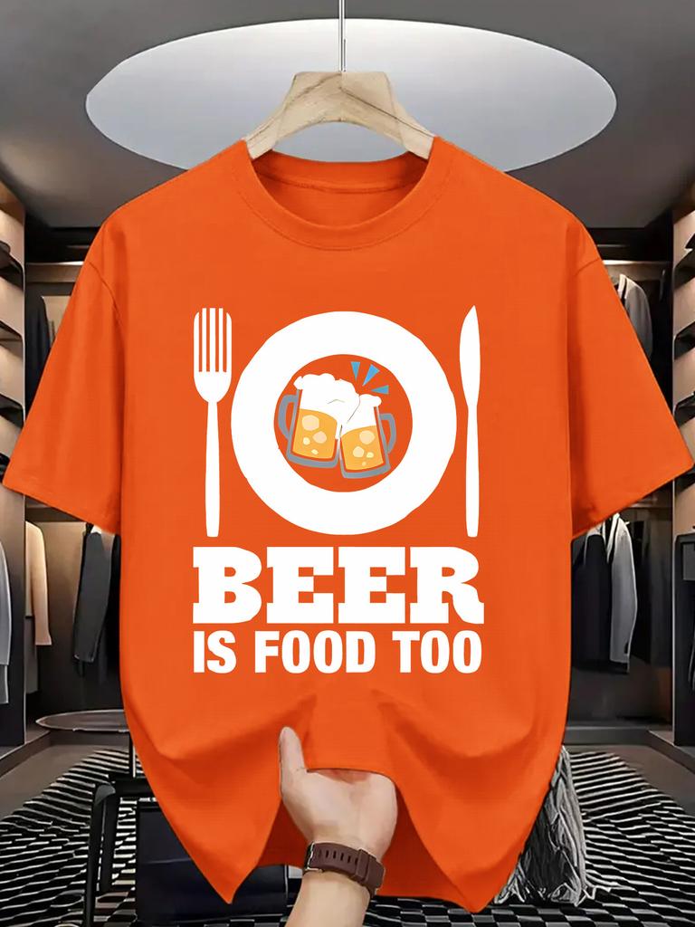 Unisex O Neck Tee Beer Tableware Letter Print Cotton Short Sleeve Loose Summer Street Breathable Daily Casual Basic Wear Top
