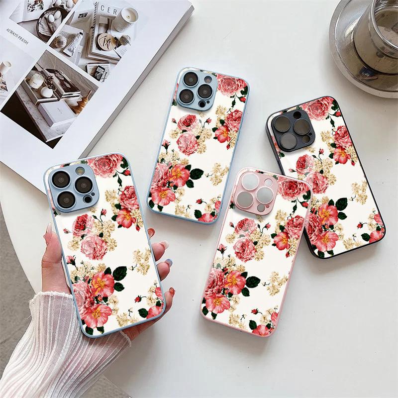 Applicable iPhone17ProMax Spring Flowers Metallic Lacquer Glass Mobile Phone Protective Case 17 All Inclusive 15 Fine Holes 16