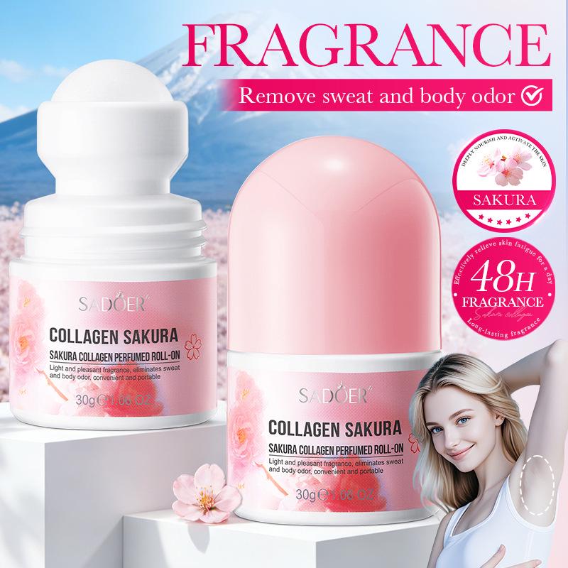 SADOER Cherry Blossom Collagen Deodorant Roll-On, 30g (Multilingual Version)