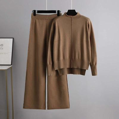Herbst und Winter frauen Gestrickte Pullover Zwei-stück Lose Beiläufige Temperament Breitbeinig Hosen Set