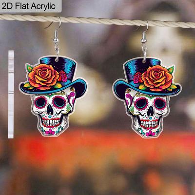 Boucles d'oreilles pendantes plates 2D mignonnes Tête de mort mexicaine d'Halloween Acrylique Jour des Morts Décor Cadeaux pour femmes Breloques de festival