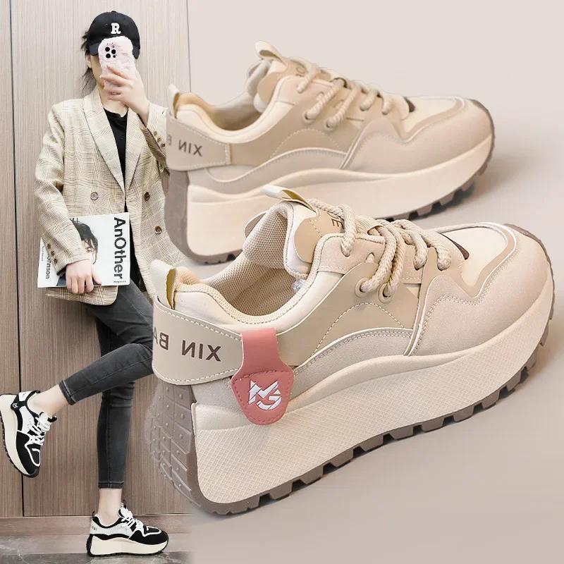 Platform Sneakers for Women Spring Thick Bottom Vulcanized Shoes Woman Lace Up Casual Wear-resistant Running Shoe